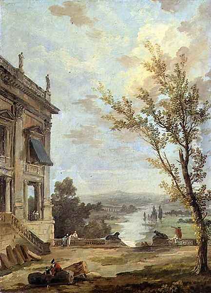 Capriccio Italianate landscape with the Capitoline Palazzo Nuovo and gentlefolk on a terrace, a river beyond Oil Painting - Hubert Robert
