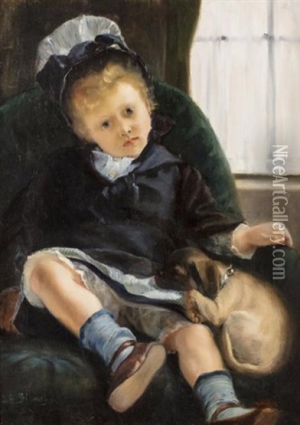 Petite Fille Au Chien, Vers 1882- 1883 Oil Painting - Jacques-Emile Blanche