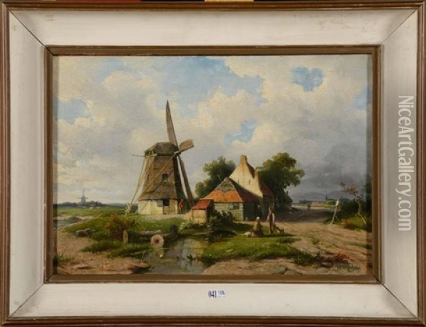 Paysage Anime Au Moulin A Vent Oil Painting - Willem Roelofs