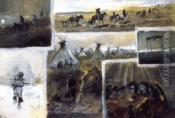 Western Montage Oil Painting - Charles Marion Russell