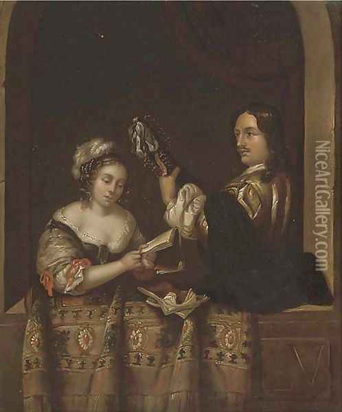 A couple making music at a casement Oil Painting - Gerrit Dou