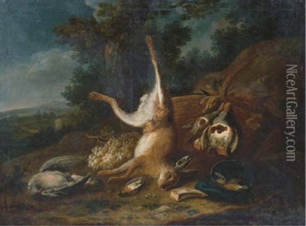 Game Including A Dead Hare And Birds With Hunting Paraphernalia On A Forest Floor Oil Painting - Bernaert De Bridt