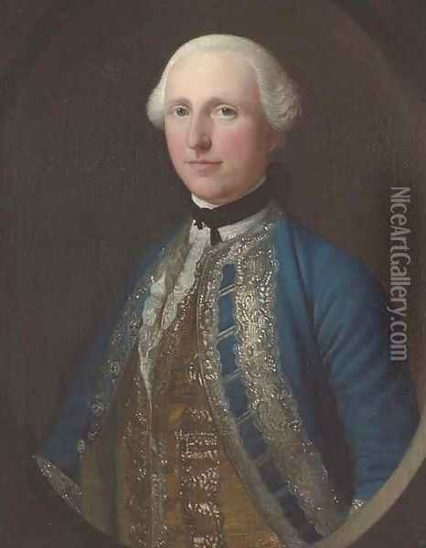 Portrait of a gentleman, half-length, in a blue coat and yellow waistcoat, feigned oval Oil Painting - English School