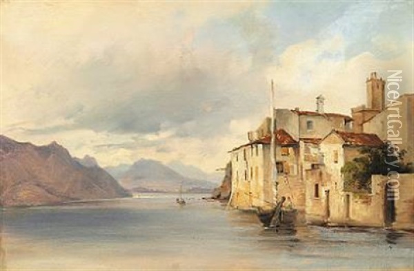 From Malcesine At Lake Garda With Houses And A Sailing Boat At Anchor Oil Painting - Vilhelm Peter Carl Petersen