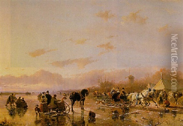 A Winter Landscape With Skaters And Horse Drawn Sleighs Oil Painting - Andreas Schelfhout