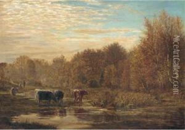 Cattle Watering At Sunset Oil Painting - William Simpson