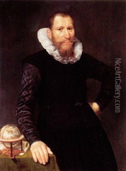 Portrait Of A Gentleman Wearing Black, Standing Beside A Table With A Celestial Globe Oil Painting - Gortzius Geldorp