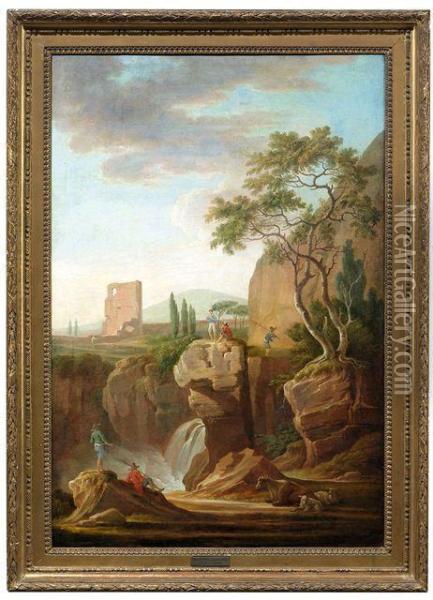 Figuren An Einem Wasserfall Mit Ausblick Auf Hugelige Campagnalandschaft Mit Romischen Ruinen Oil Painting - Adolf Friedrich Harper