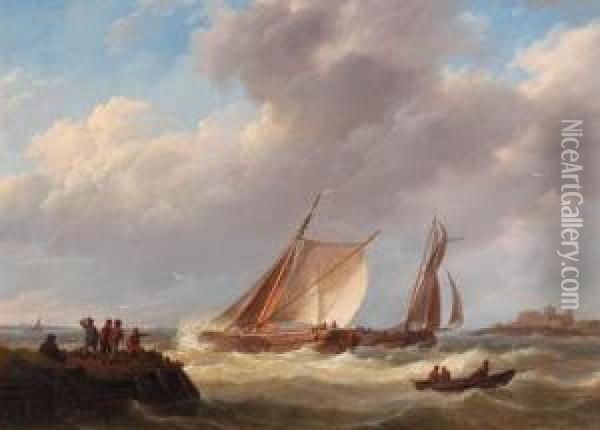 Fishermen On A Jetty Overlooking A River Estuary, A Castlebeyond Oil Painting - Johannes Hermanus Koekkoek