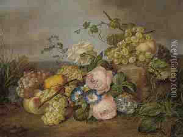 Grapes, Peaches And A Pear With Roses Oil Painting - Franz Xaver Petter