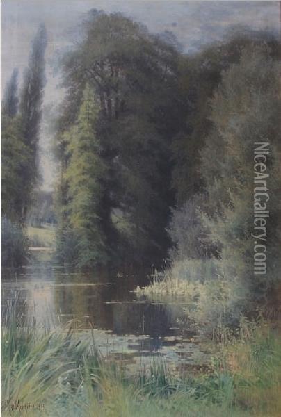 'summer Sun And Shade On The Lake At Kew', 'g. M. De L'aubiniere 1895' And Titled On Label Verso Oil Painting - Georgina M. Steple De L'Aubiniere
