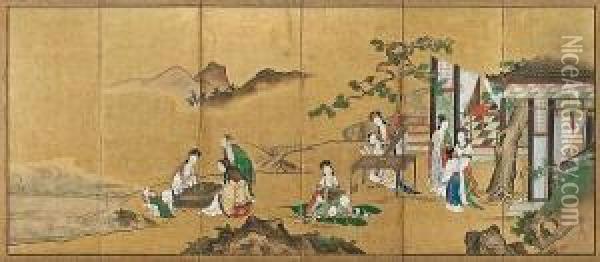 Chinese Scholars And Beauties Oil Painting - Kano Katsuyama Takushu