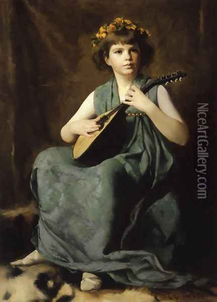 Marion Hiller Fenno at Nine as Mandolinata Oil Painting - Edmund Charles Tarbell