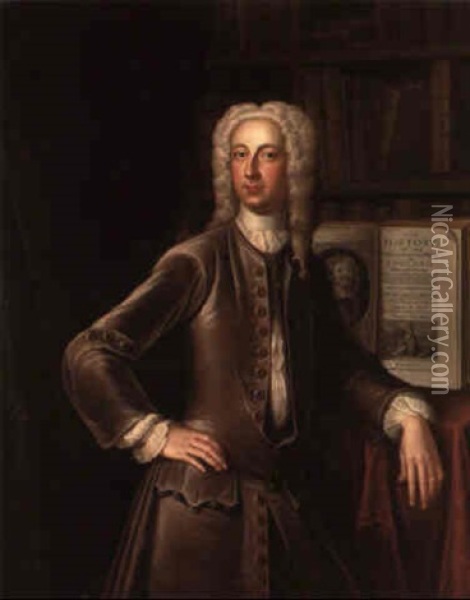 Portrait Of A Gentleman (henry Hyde, Viscount Cornbury?) In His Library Oil Painting - Enoch Seeman
