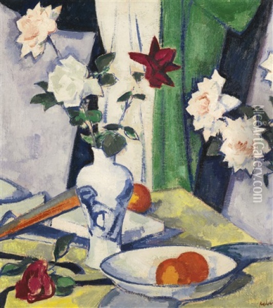 Still Life Of Roses With A Blue And White Vase Oil Painting - Samuel John Peploe