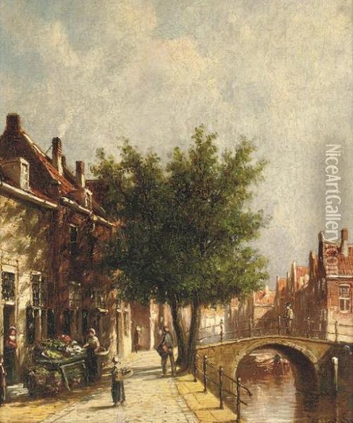 A Market Stall Along A Canal In Summer Oil Painting - Pieter Gerard Vertin