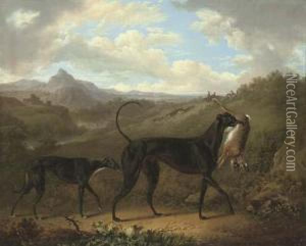 Two Greyhounds With A Hare, In 
An Extensive Mountainous Landscape With Huntsmen Coursing Beyond Oil Painting - Charles Towne