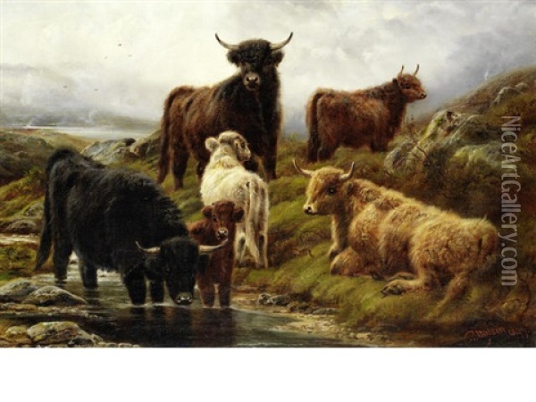 Highland Cattle By The Lochside Oil Painting - Robert Watson