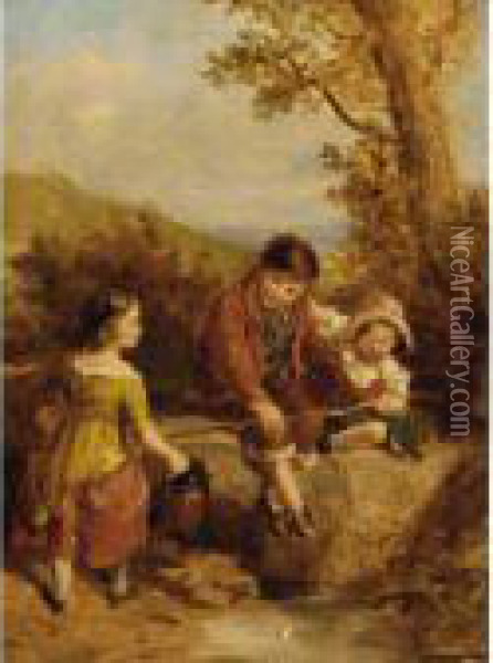 Children Playing By A Stream Oil Painting - Erskine Nicol
