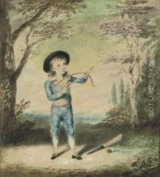 Portrait Of A Young Archer, Small Full-length, Standing In A Landscape, A Cricket Bat And Ball On The Ground Beside Him Oil Painting - Andreas Van Rymsdyk
