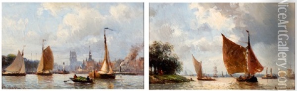 Schepen Op De Merwede, Schepen Voor De Haven Van Dordt (2 Works) Oil Painting - Everhardus Koster
