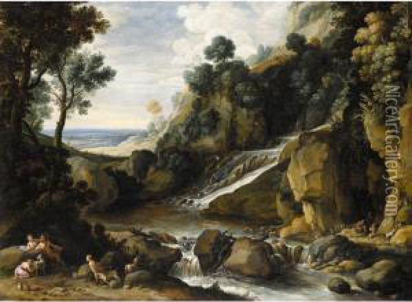 Rocky Landscape With A Waterfall
 Nymphs And Satyrs Resting By A River Oil Painting - Marten Ryckaert