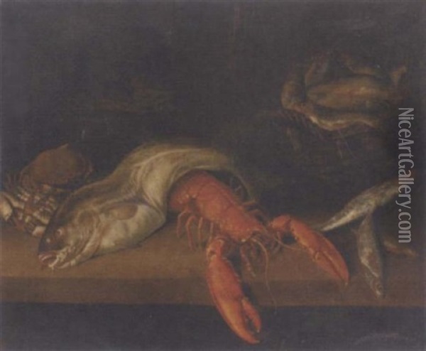 A Lobster, A Basket Of Fish, A Crab, A Cod And Other Fish On A Ledge Oil Painting - Abraham van Beyeren