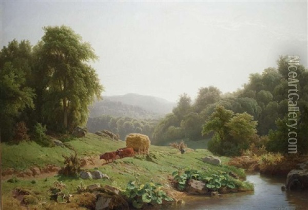 Ochsenfuhrwerk Am Flussufer Oil Painting - Jacobus Nicolas (Baron) Tjarda van Starkenborg