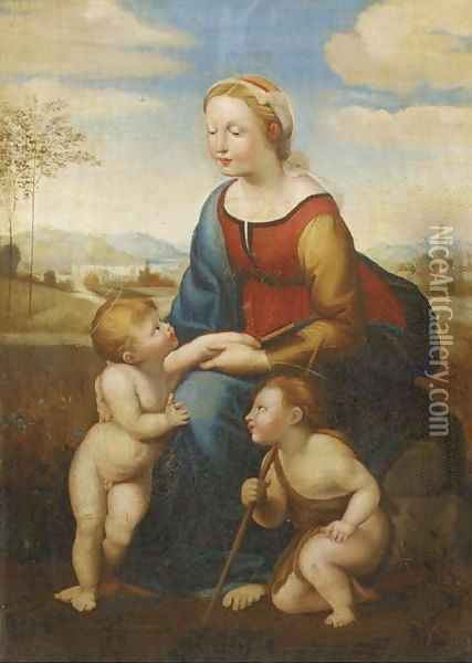 The Madonna and Child with the Infant Saint John the Baptist in a landscape La belle Jardiniere Oil Painting - Raphael
