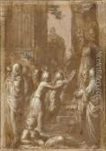 The Presentation Of The Virgin Oil Painting - Polidoro Da Caravaggio (Caldara)