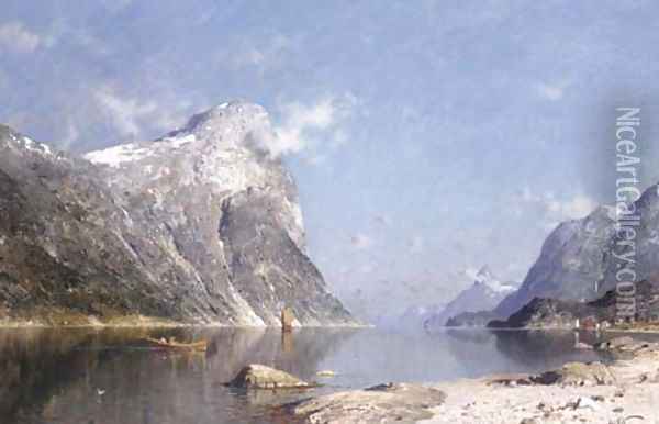 Boats on a Norwegian Fjord Oil Painting - Adelsteen Normann