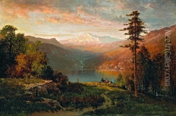 Indian By A Lake In A Majestic California Landscape Oil Painting - Thomas Hill
