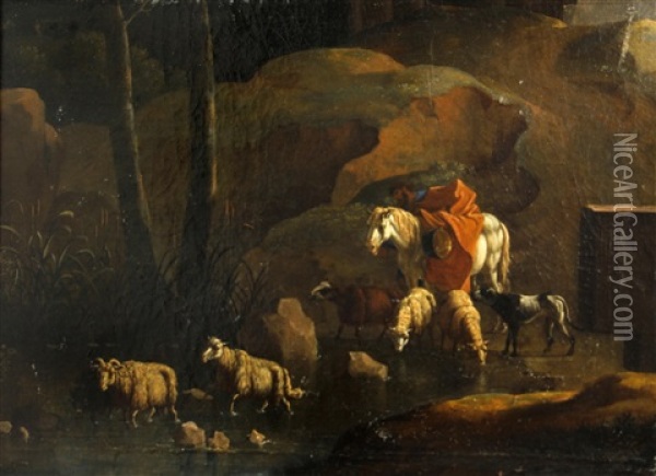 A Landscape With A Shepherd And His Flock By A Stream Oil Painting - Karel Dujardin