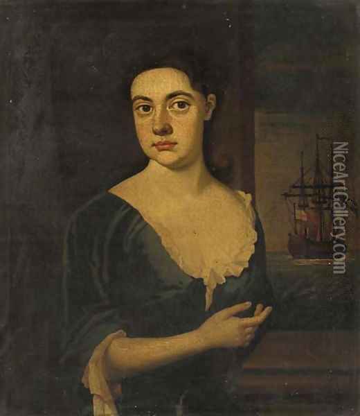 Portrait of a lady, half-length, in a blue dress, a man-o-war beyond Oil Painting - English School