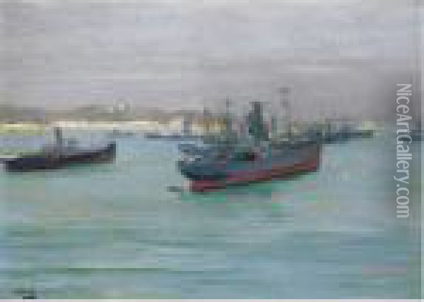 Norwegian Cargo Boats, St. Jean De Luz Oil Painting - John Lavery