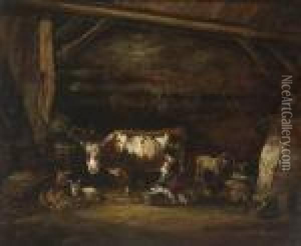 Stallszene Mit Einer Kuh Oil Painting - Friedrich Gauermann