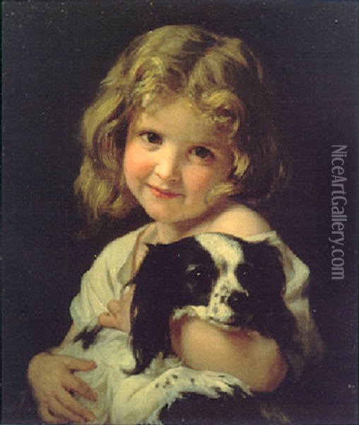 Young Girl With Spaniel Oil Painting - Hugues Merle