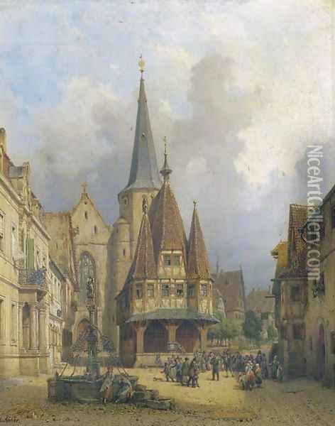 Rathaus in Michelstadt a dancing bear on the townsquare Oil Painting - Michael Neher