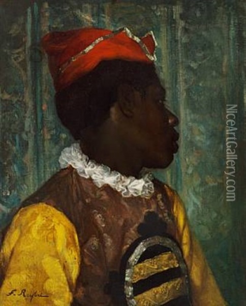 A Young African Man In A Colorful Costume Oil Painting - Ferdinand Victor Leon Roybet