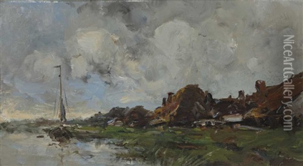 Mit Pseudonym Jan Van Couver. Flussufer Mit Segelboot Und Alten Gehoften Oil Painting - Hermanus Willem Koekkoek