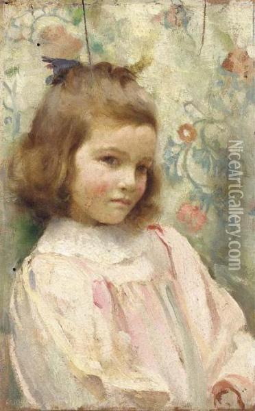 Portrait Of A Young Girl, Half-length, In A Pink Dress Oil Painting - William Logsdail