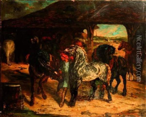 L'ecurie Oil Painting - Jules E. De La Rochenoire