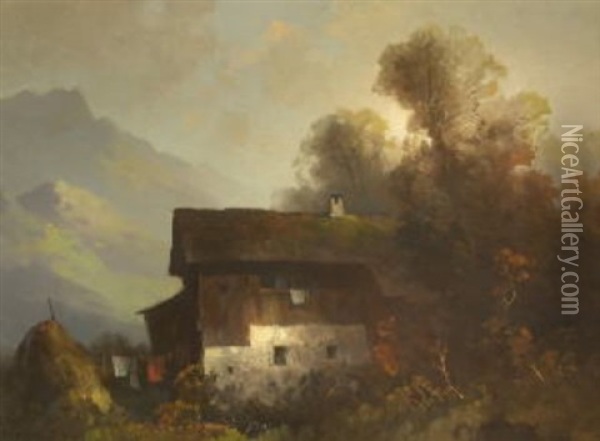 Bauernhaus In Herbstlicher Gebirgslandschaft Oil Painting - Oskar Mulley
