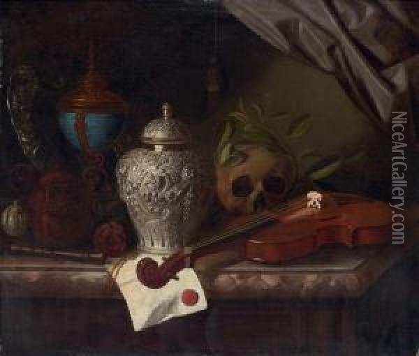 Violin, A Skull Draped With 
Laurel Branches, A Silver Ginger Jar, A Recorder, A Letter With A Red 
Seal, A Silver Gilt Hardstone Cup And A Silver Dish On A Marble Ledge Oil Painting - Pieter Gerritsz. van Roestraten