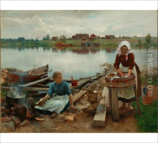 Washerwomen By The Lakeside Oil Painting - Eero Jarnefelt