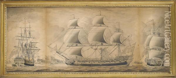 A Twenty-four Gun Sixth Rate Of The Royal Navy Oil Painting - John the Younger Cleveley