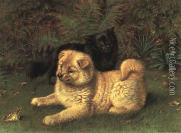 The Intruder; Chow Puppies And A Frog Oil Painting - Horatio Henry Couldery