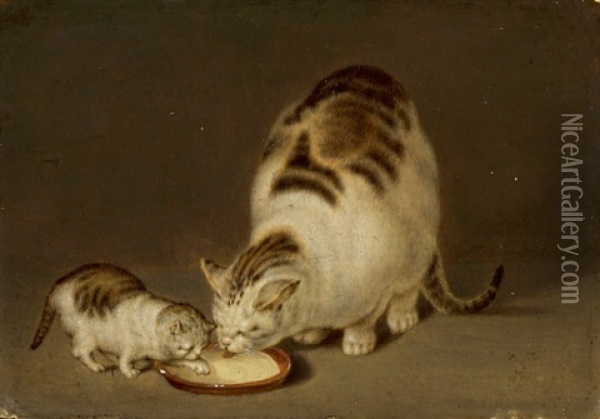 Katzenmutter Und Ihr Junges Beim Milchtrinken Oil Painting - Gottfried Mind