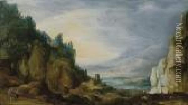 Paysage Montagneux Avec Un Village Et Des Voyageurs Oil Painting - Joos De Momper