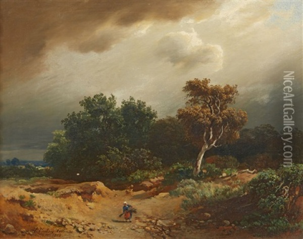 Landscape With Peasants Collecting Firewood Oil Painting - Heinrich Vosberg